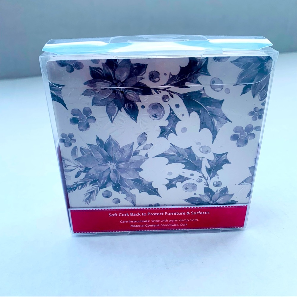 Holiday Time Black Gray Pine Trees Poinsettias Christmas Stoneware Coasters